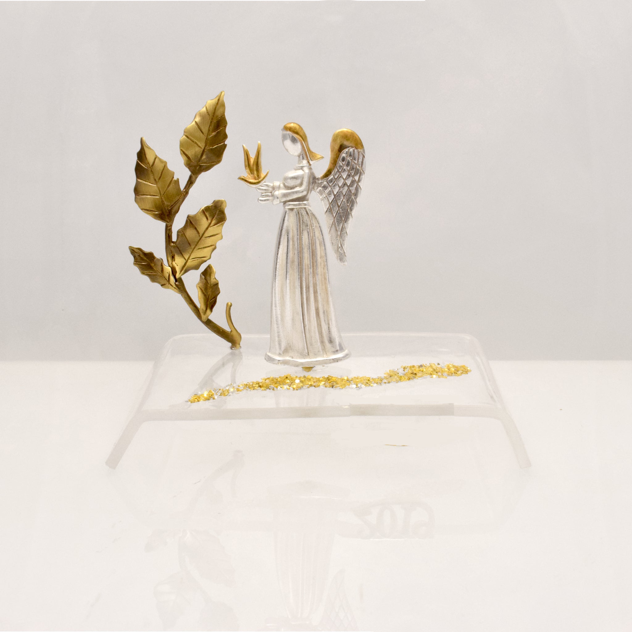 Angel Charm on plexiglass, silver charm with bronze leaves, home decor, gift idea, charm favor (PX-10) - ELEFTHERIOU EL