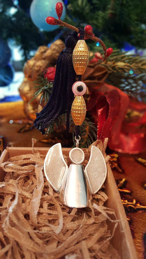 Evil Eye Charm on a tassel, House decoration, holiday decor, welcome gift, silver charm, Angel Charm (GK-10) - ELEFTHERIOU EL