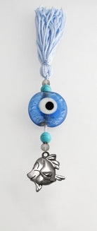 Evil Eye Charm on a tassel, House decoration, holiday decor, welcome gift, silver charm, Baby Fish Charm