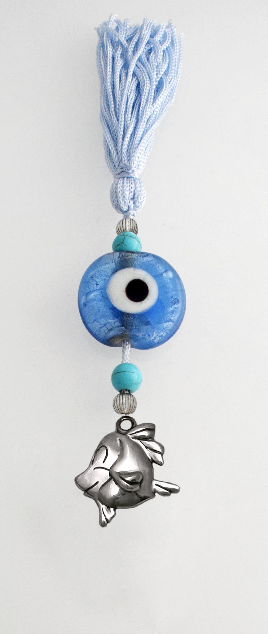 Evil Eye Charm on a tassel, House decoration, holiday decor, welcome gift, silver charm, Baby Fish Charm - ELEFTHERIOU EL