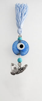 Evil Eye Charm on a tassel, House decoration, holiday decor, welcome gift, silver charm, Butterfly Charm