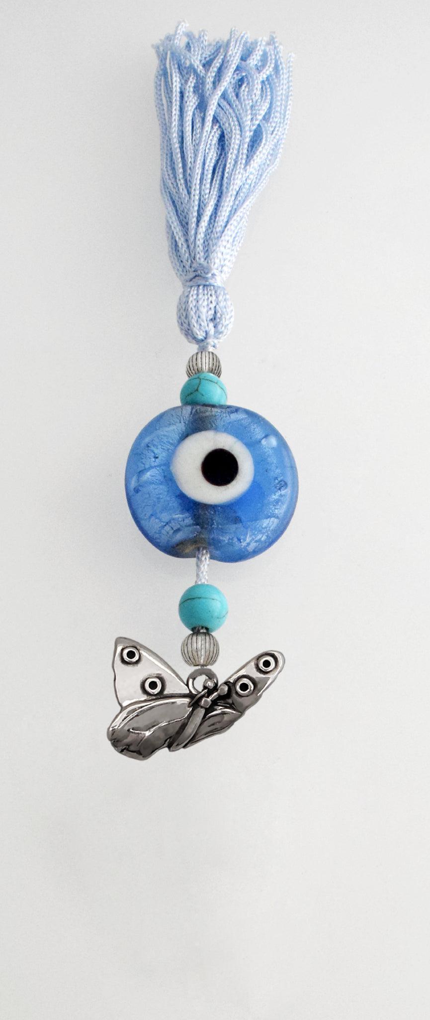 Evil Eye Charm on a tassel, House decoration, holiday decor, welcome gift, silver charm, Butterfly Charm - ELEFTHERIOU EL