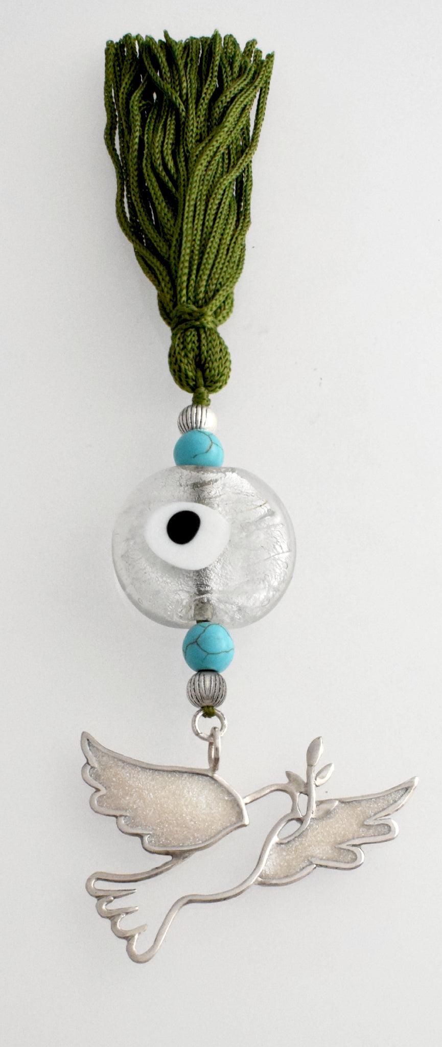 Evil Eye Charm on a tassel, House decoration, holiday decor, welcome gift, silver charm, Dove Charm (GK-25)