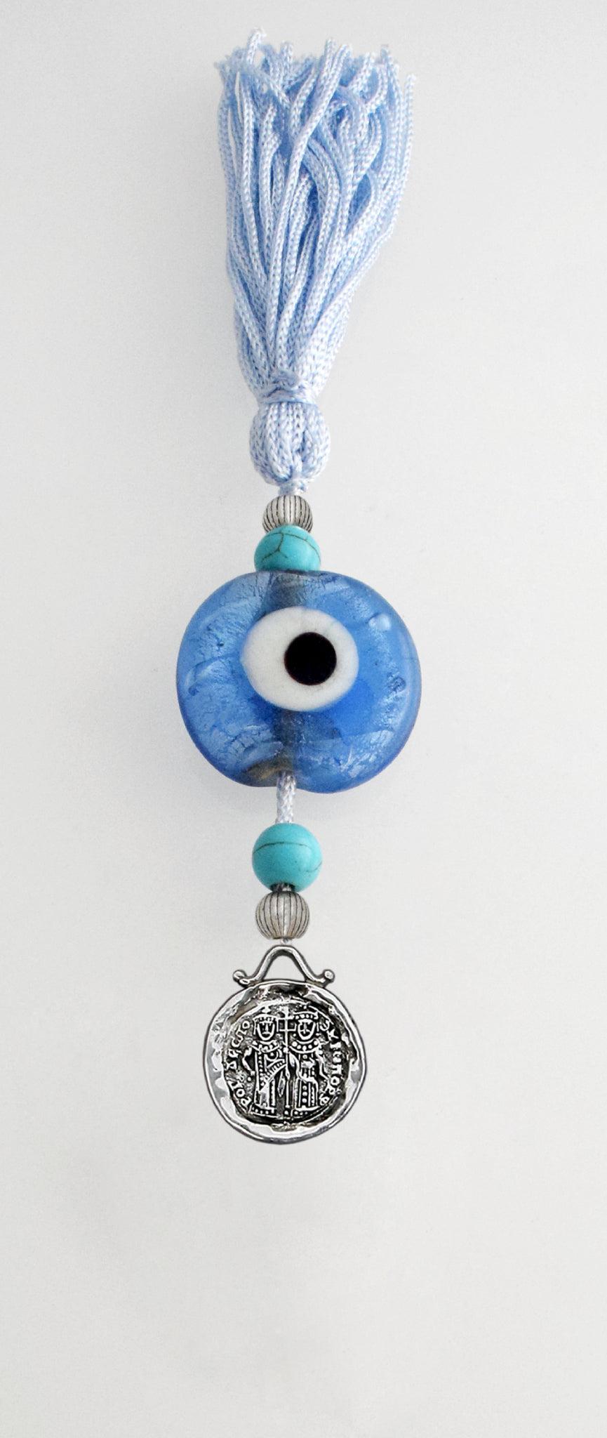 Evil Eye Charm on a tassel, House decoration, holiday decor, welcome gift, silver charm, Konstantinato Charm - ELEFTHERIOU EL