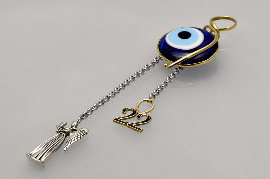 Evil eye protection stone with silver charm, Evil Eye Charm, home décor, gift, Wall Decor, silver charm, Angel Charm - ELEFTHERIOU EL