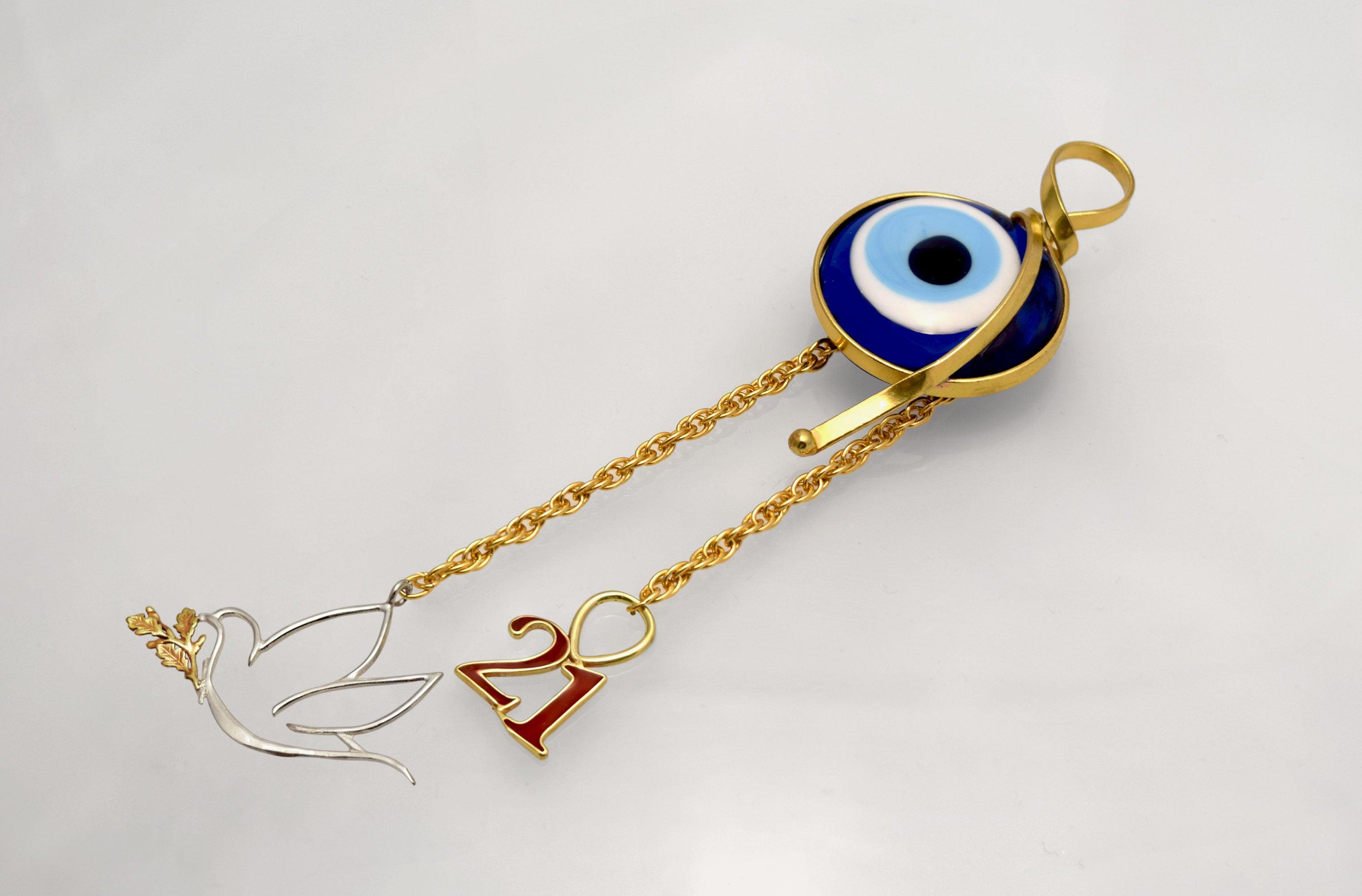 Evil eye protection stone with silver charm, Evil Eye Charm, home décor, gift, Wall Decor, silver charm, Pigeon Charm