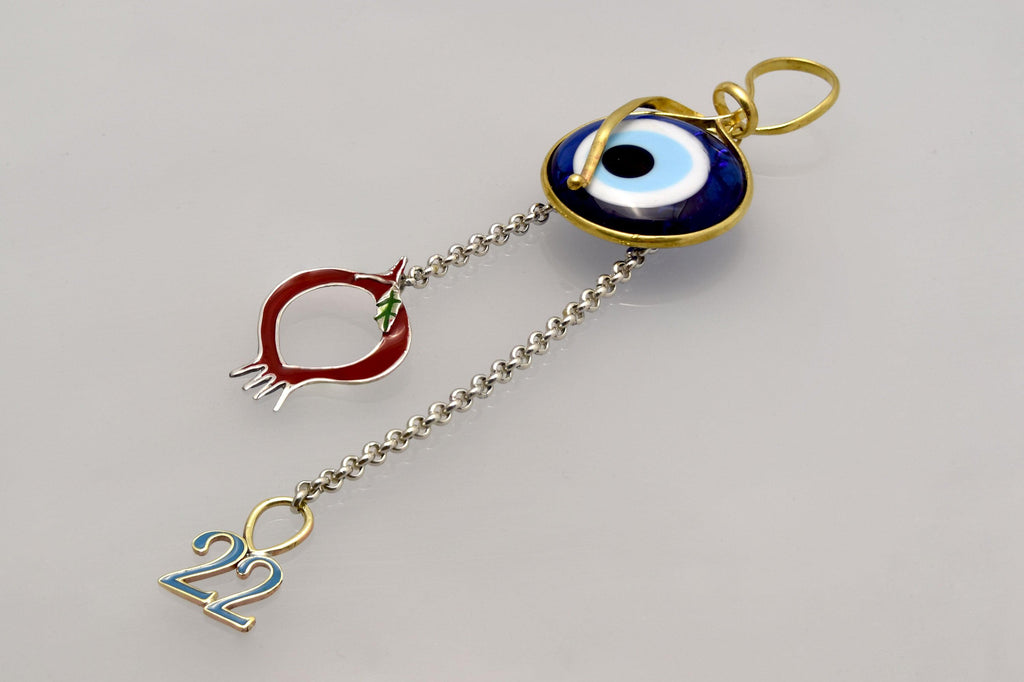Evil eye protection stone with silver charm, Evil Eye Charm, home décor, gift, Wall Decor, silver charm, Pomegranate Charm - ELEFTHERIOU EL