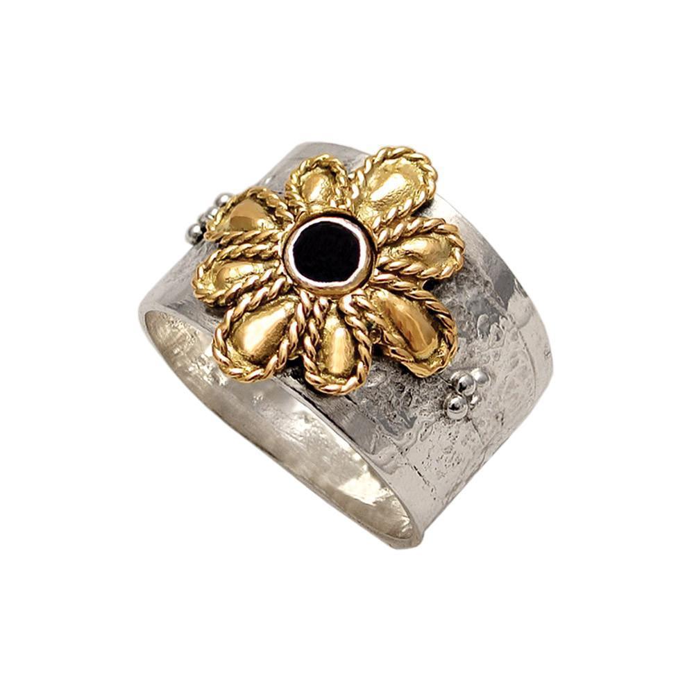 Flower Ring in Sterling Silver with a Blue Zircon and Gold 14k (DX-30) - ELEFTHERIOU EL