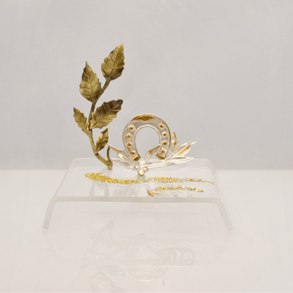 Good Luck Petal Charm on plexiglass, silver charm with bronze leaves, home decor, gift idea, charm favor (PX-07) - ELEFTHERIOU EL