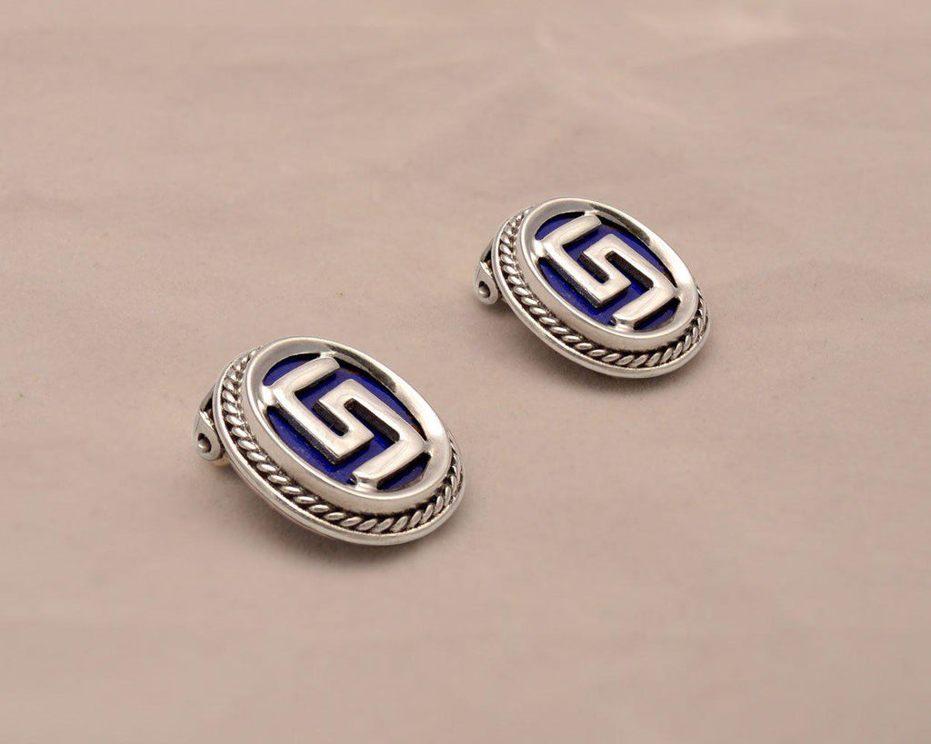 Greek Key Meander Earrings in sterling Silver with Lapis Lazuli - ELEFTHERIOU EL