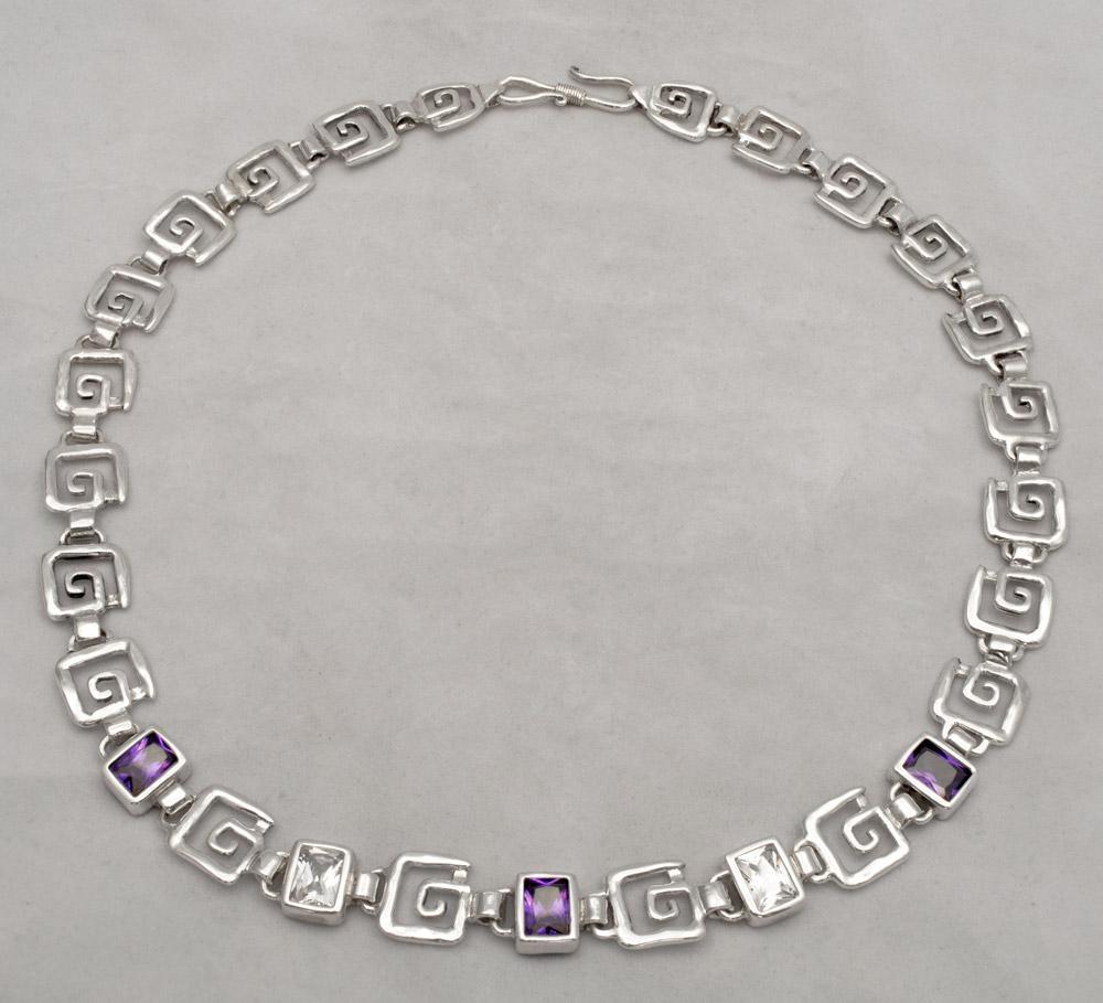 Greek Key Meander Necklace in Sterling Silver with zircon (PE-02)