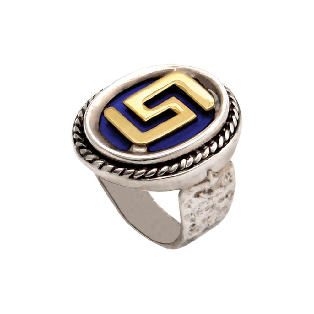 Greek Key Meander Ring in Sterling Silver with lapis lazuli and Gold 14k (DX-08) - ELEFTHERIOU EL