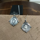 Helios ancient sun god and rose earrings, Ancient Coinage of Rhodes, Sterling silver earrings, handmade earrings (AG-07)