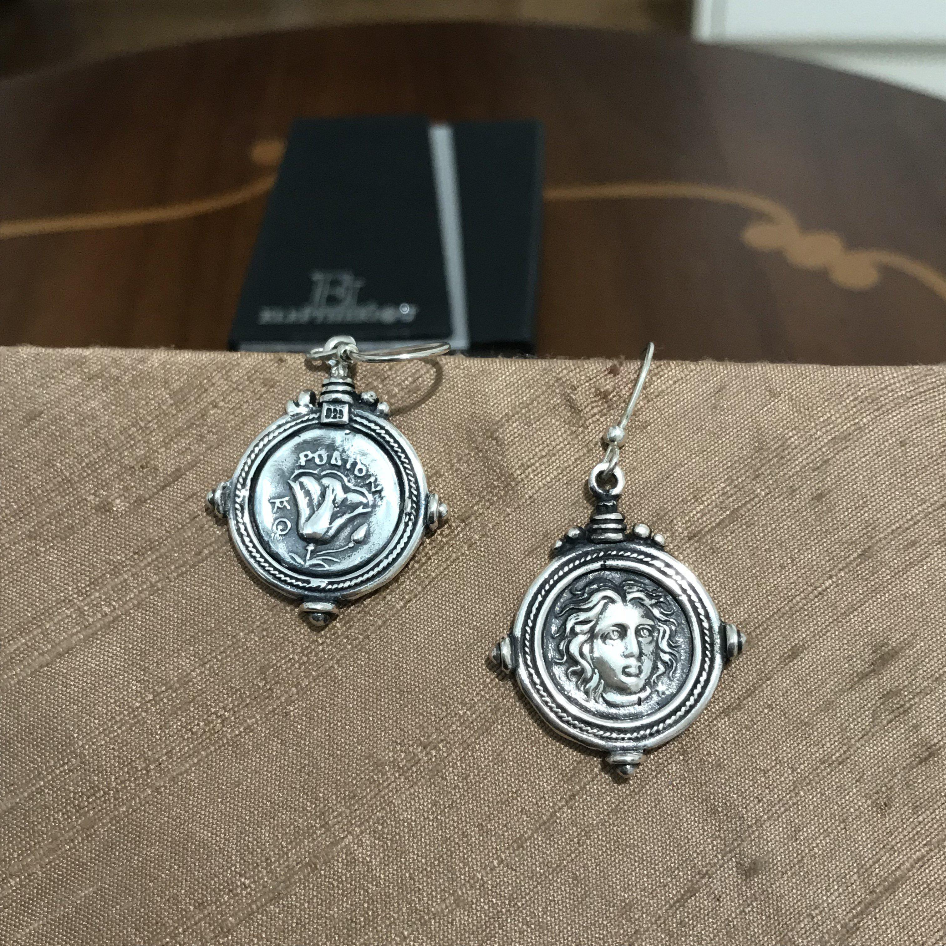 Helios ancient sun god and rose earrings, Ancient Coinage of Rhodes, Sterling silver earrings, handmade earrings (AG-07) - ELEFTHERIOU EL