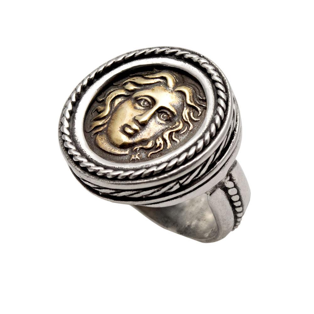 Helios ancient sun god and rose ring, Ancient Coinage of Rhodes, Art Nouveau Ring, Sterling silver Ring (DT-104) - ELEFTHERIOU EL