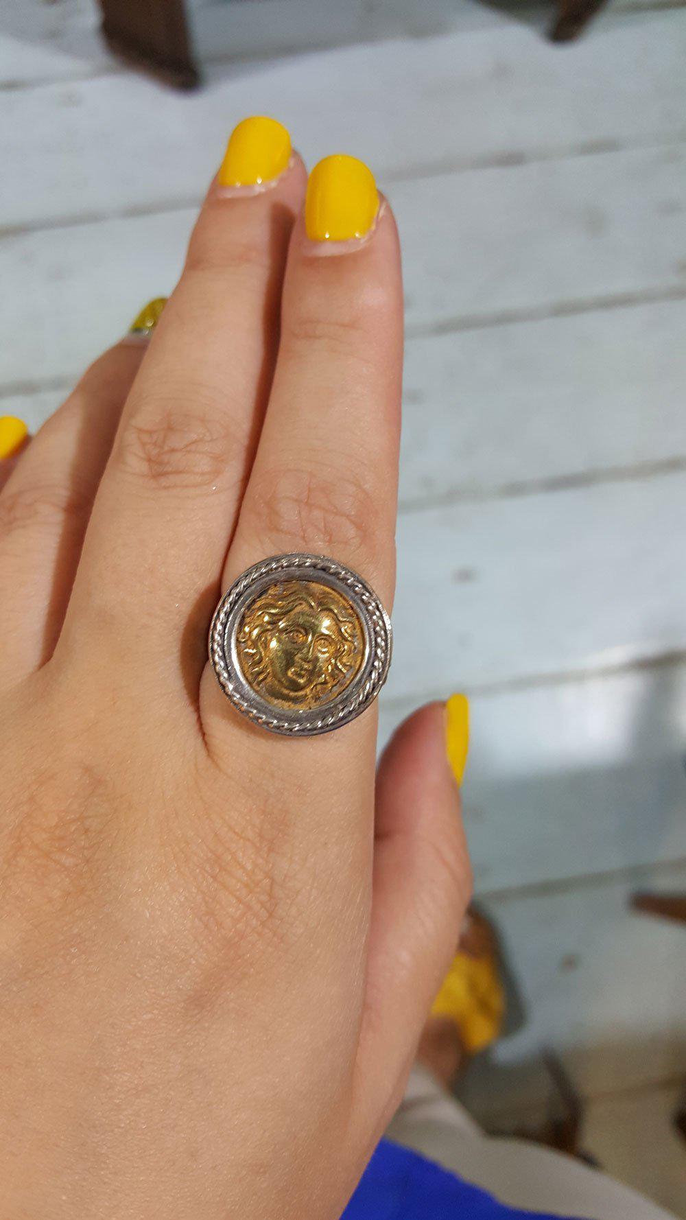 Helios ancient sun god and rose ring, Ancient Coinage of Rhodes, Art Nouveau Ring, Sterling silver Ring (DT-104)