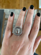 Helios ancient sun god and rose ring, Ancient Coinage of Rhodes, Art Nouveau Ring, Sterling silver Ring (DT-104)
