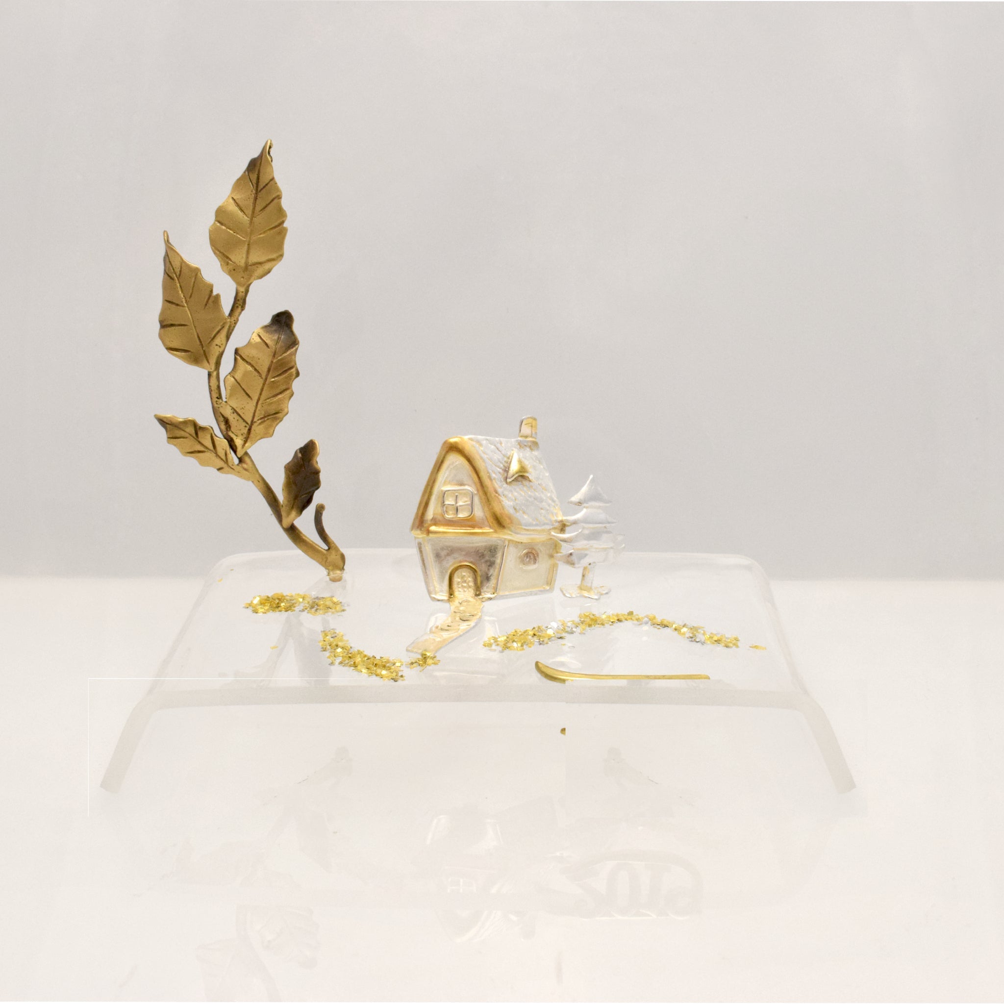 Miniature Home Charm on plexiglass, silver charm with bronze leaves, home decor, gift idea, charm favor (PX-02)