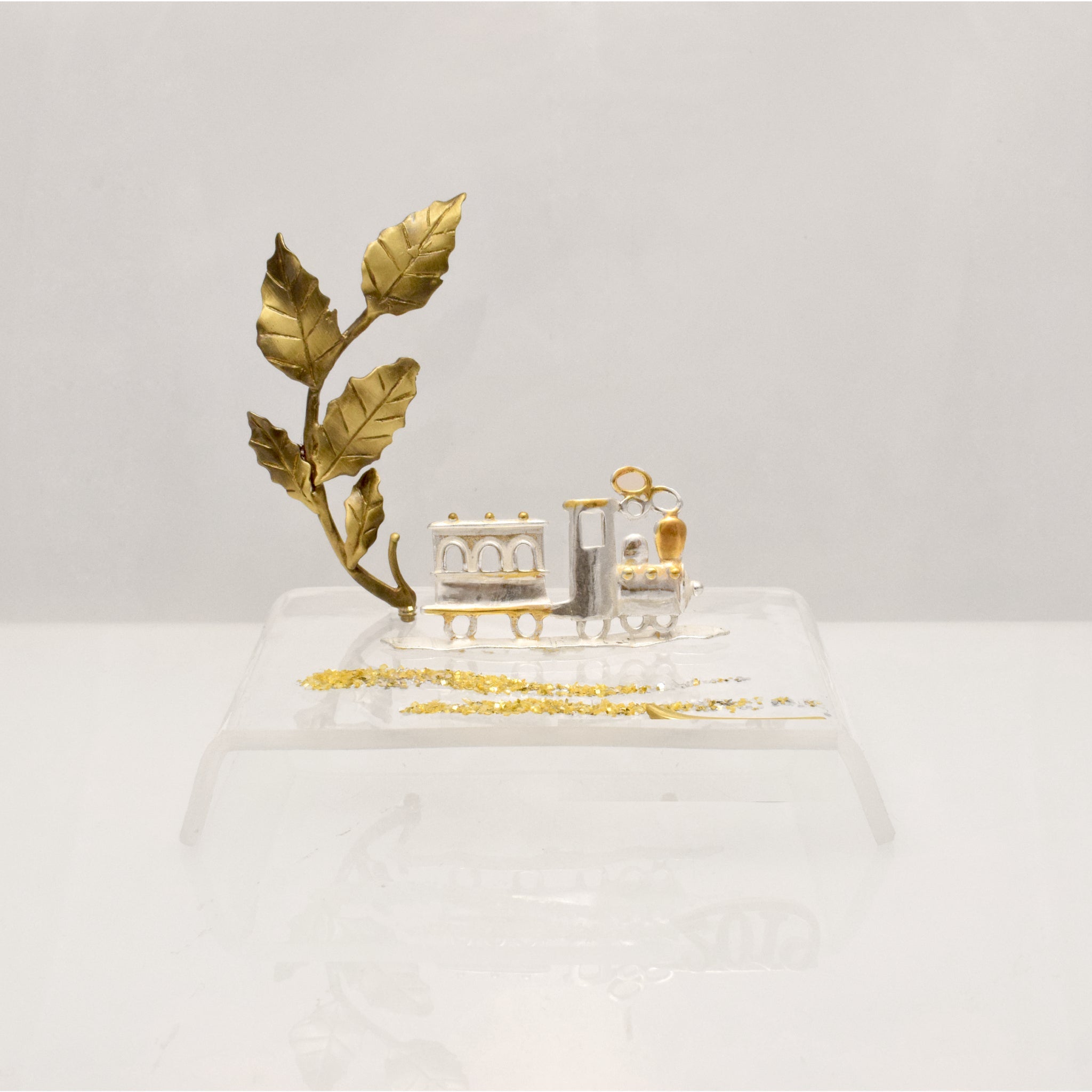 Miniature Train Charm on plexiglass, silver charm with bronze leaves, home decor, gift idea, christening favor (PX-11) - ELEFTHERIOU EL