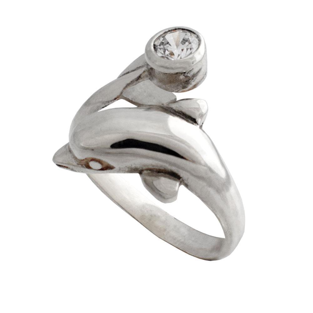 Minoan Dolphin Head and tail Ring in sterling silver with a zircon (DT-82) - ELEFTHERIOU EL