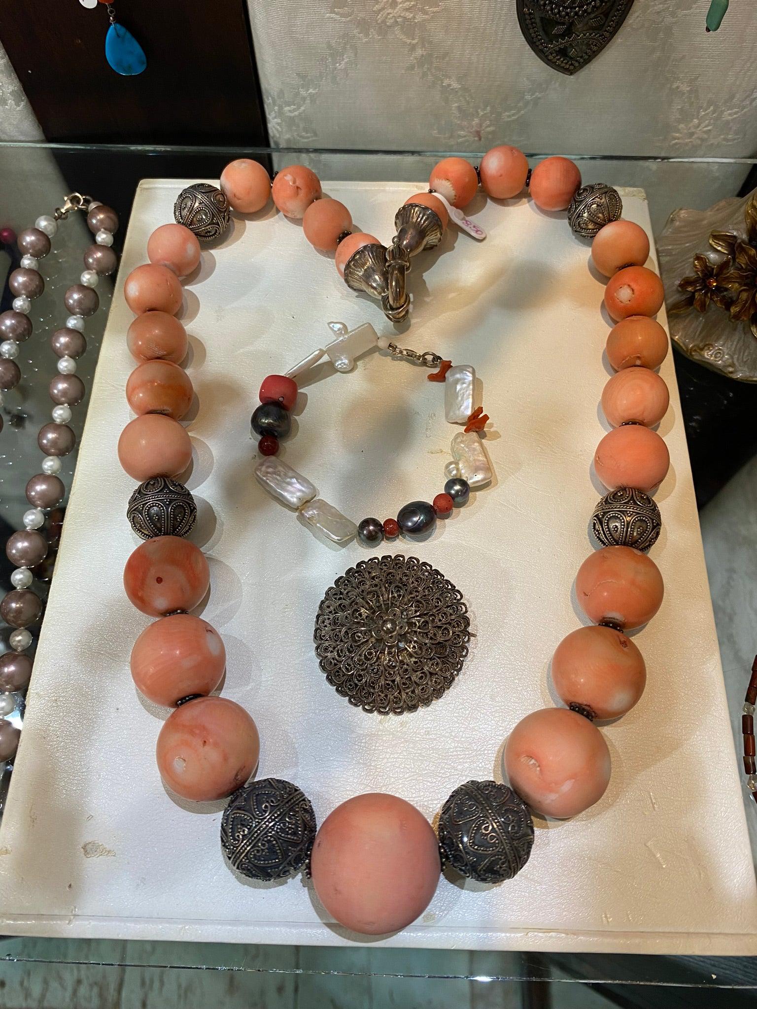 Necklace with Pink Coral Stones (Angel Skin) and Silver Elements