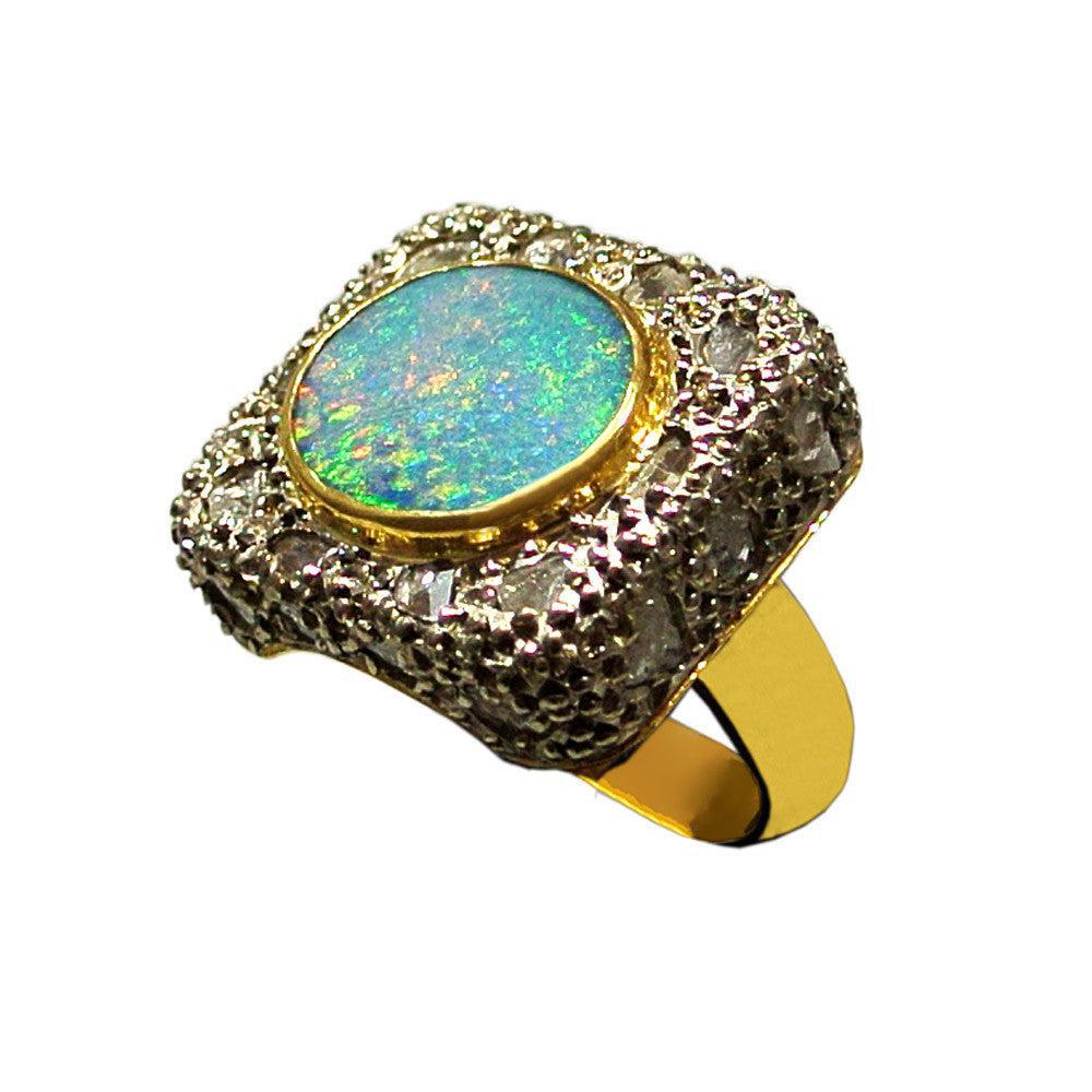Ring in 18k Gold with an Australian bulder opal and diamonds chips (B-15) - Dinos-Virginia