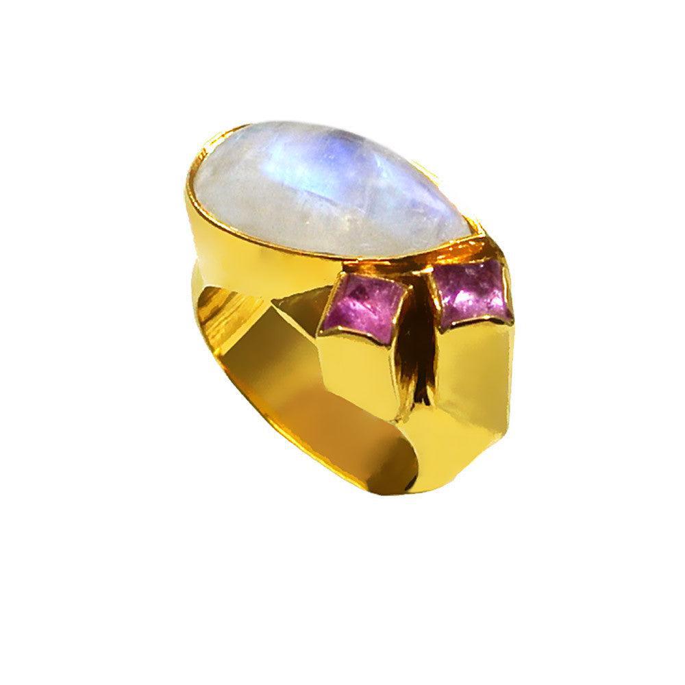 Ring in 18k Gold with Moonstone and Pink Tourmalines (B-38) - Dinos-Virginia