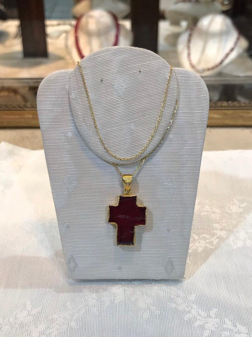 Ruby crystal cross 18k Gold with a 14k gold chain, one of a kind, Fine Cross Pendant, Handmade pendant, Greek Jewelry